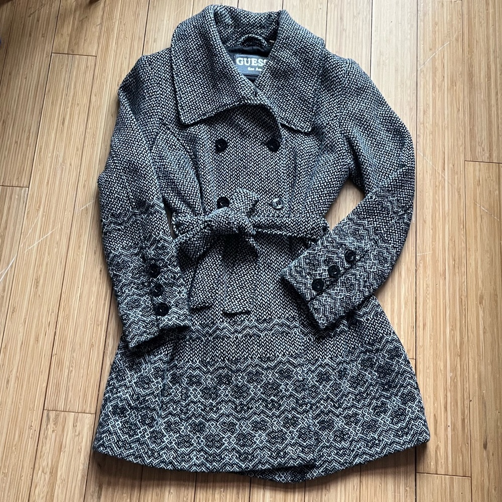 Y2K Vintage Guess Belted Double-Breasted Tweed Wool-Blend Overcoat